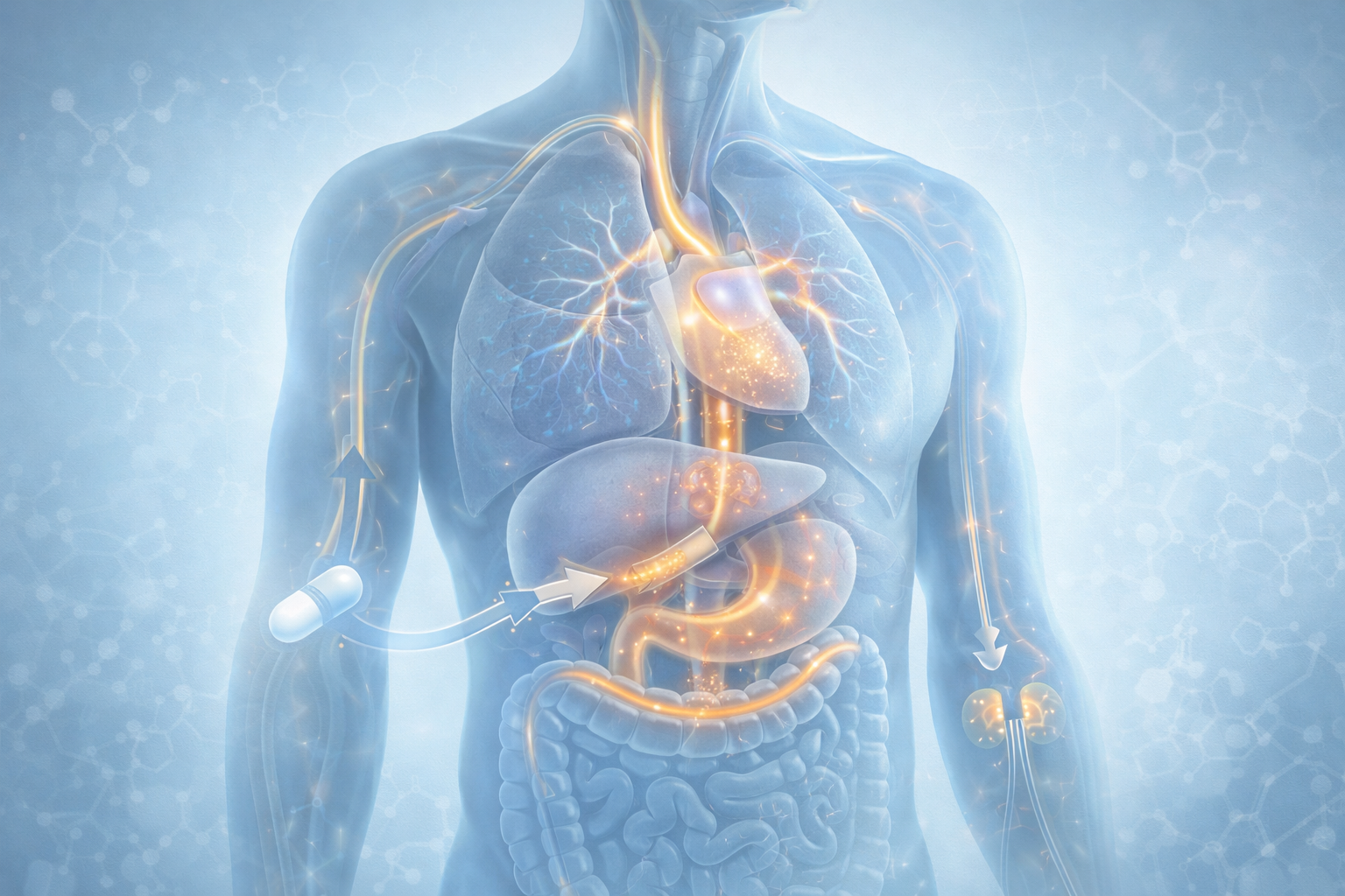 Scientific illustration showing how Flagyl moves through the body and how long it stays in the system before being eliminated.